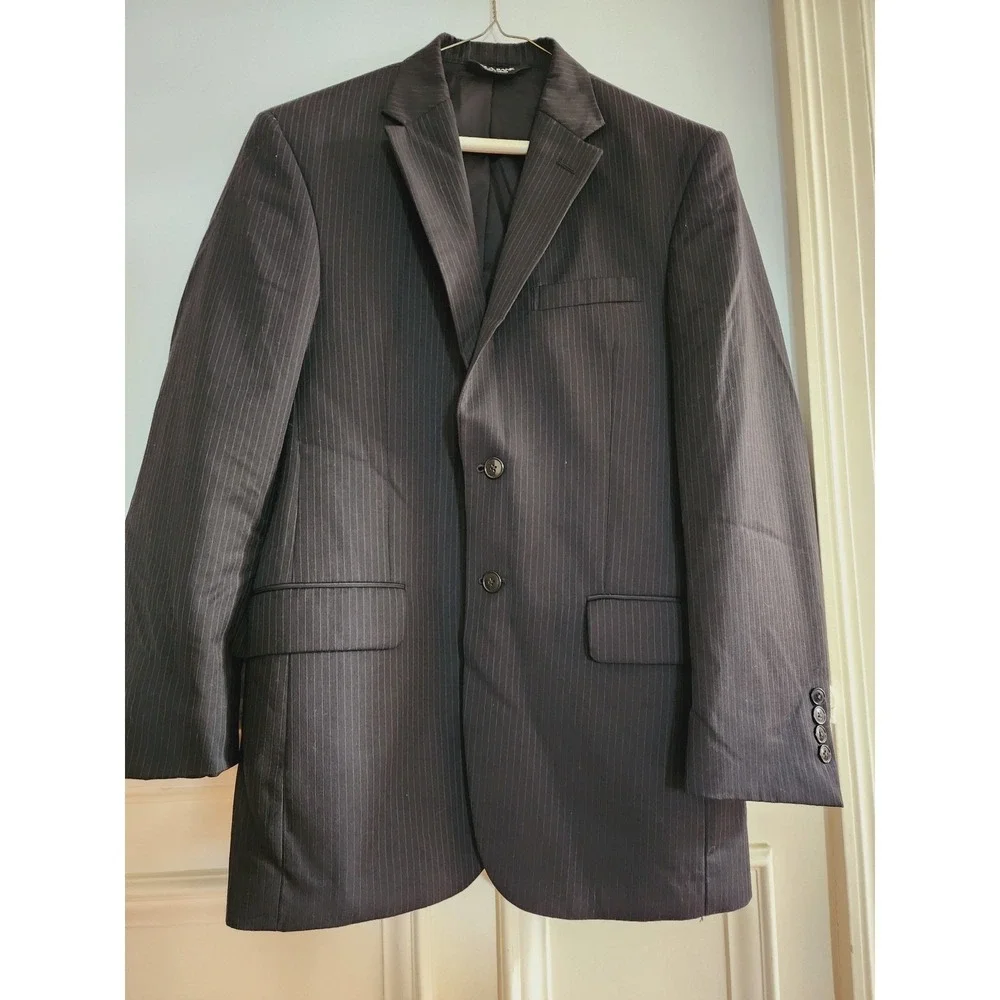 Jos A Bank Mens Suit Jacket Black Pinstripe Single Breasted %100 wool Size 37RG